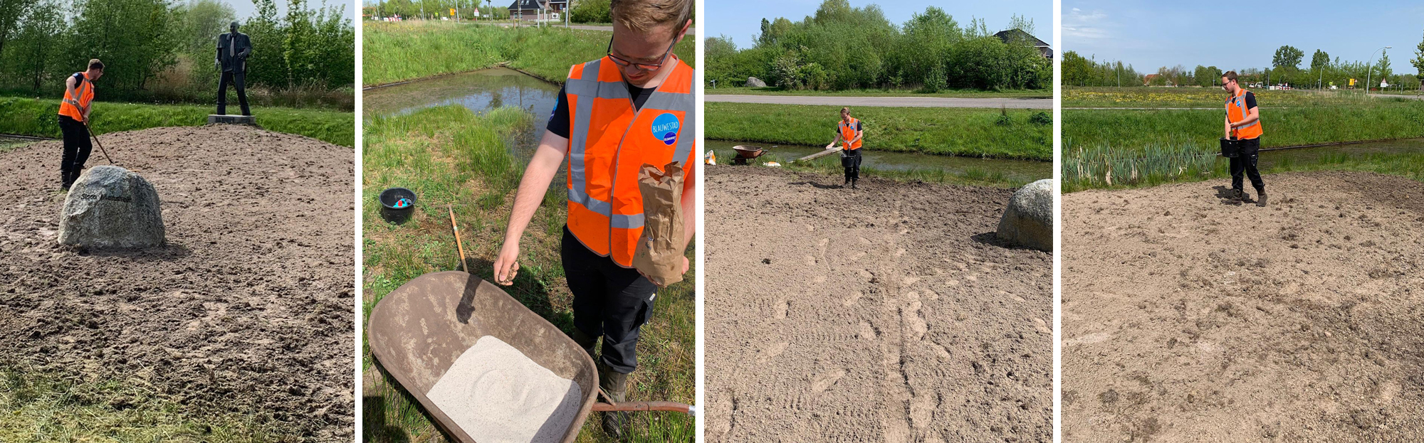 Melvin aan het werk met harken en inzaaien